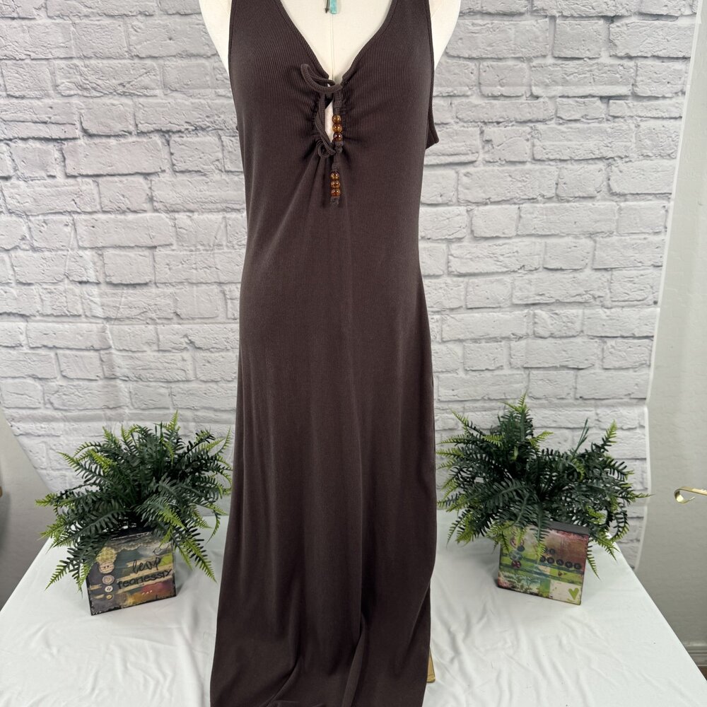 A New Day Chocolate Brown Ribbed Lace Up Neck Maxi Tank Dress M